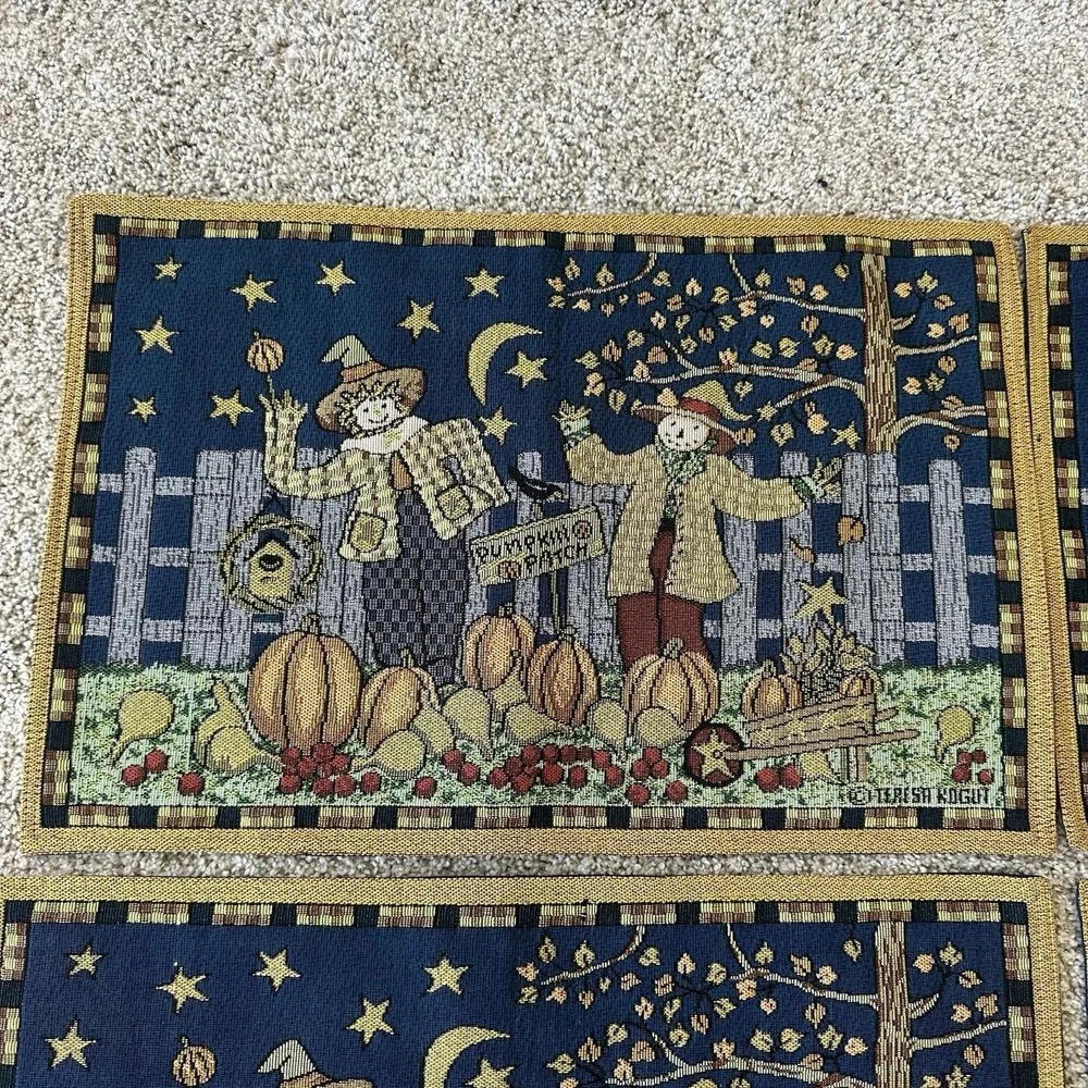 Pumpkin Patch Scarecrow Set 4 Placemats Tapestry Woven Teresa Kogut Fall Autumn